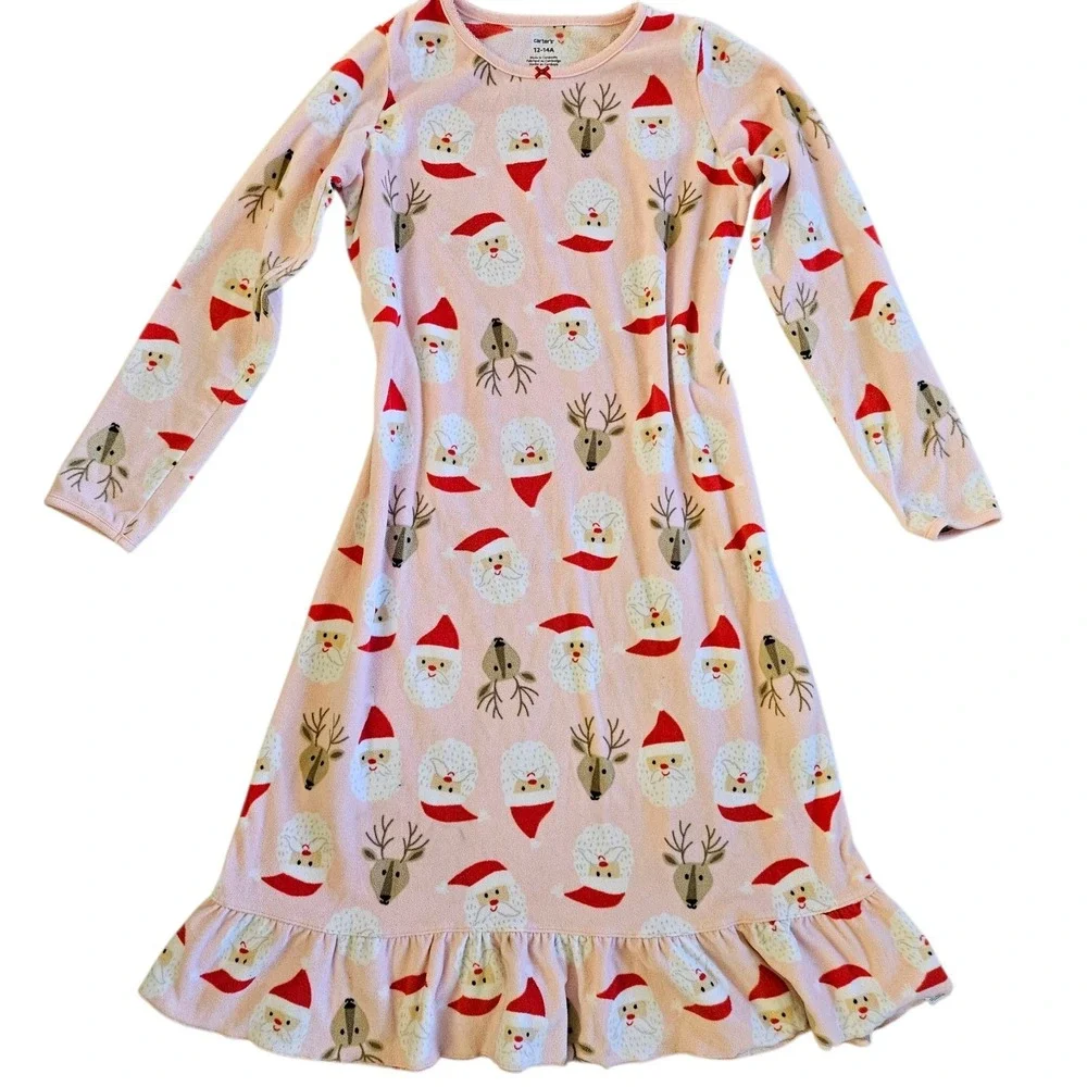 Carters Girls Pink Christmas Pajama Dress‎ Santa Rudolph Fleece Nightgown 12-14A